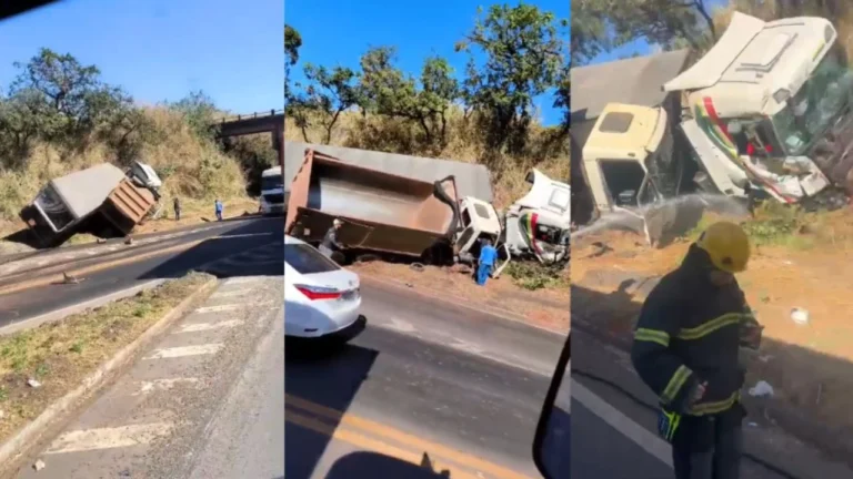 Acidente entre carretas no Anel Viário Norte deixa vítima presa às ferragens e causa lentidão no trânsito em Uberlândia