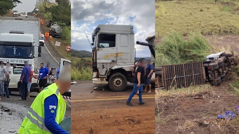 Acidente entre três carretas e um carro provoca engavetamento na BR-262, entre Uberaba e Peirópolis