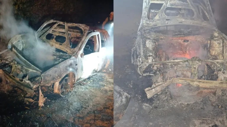 Carro capota e pega fogo na MG-414 em Araguari; motorista abandona veículo