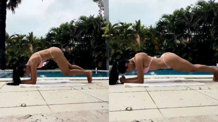 Tendência de verão: Flay treina de biquíni em dia nublado