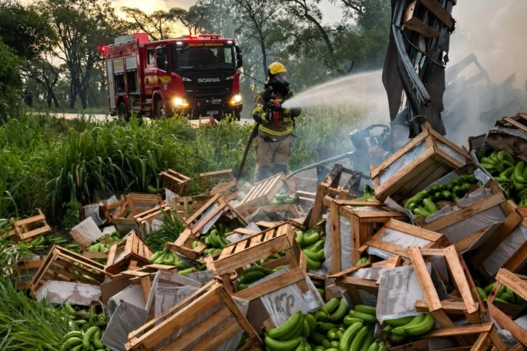 Caminhão carregado de bananas pega fogo após batida na MGC-497, entre Prata e Uberlândia